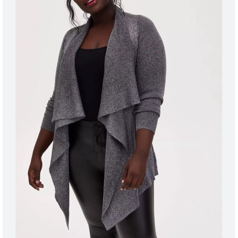 Torrid Womens Draped Metallic Cardigan Sweater Size 3/3X Silver Gray Open Front
